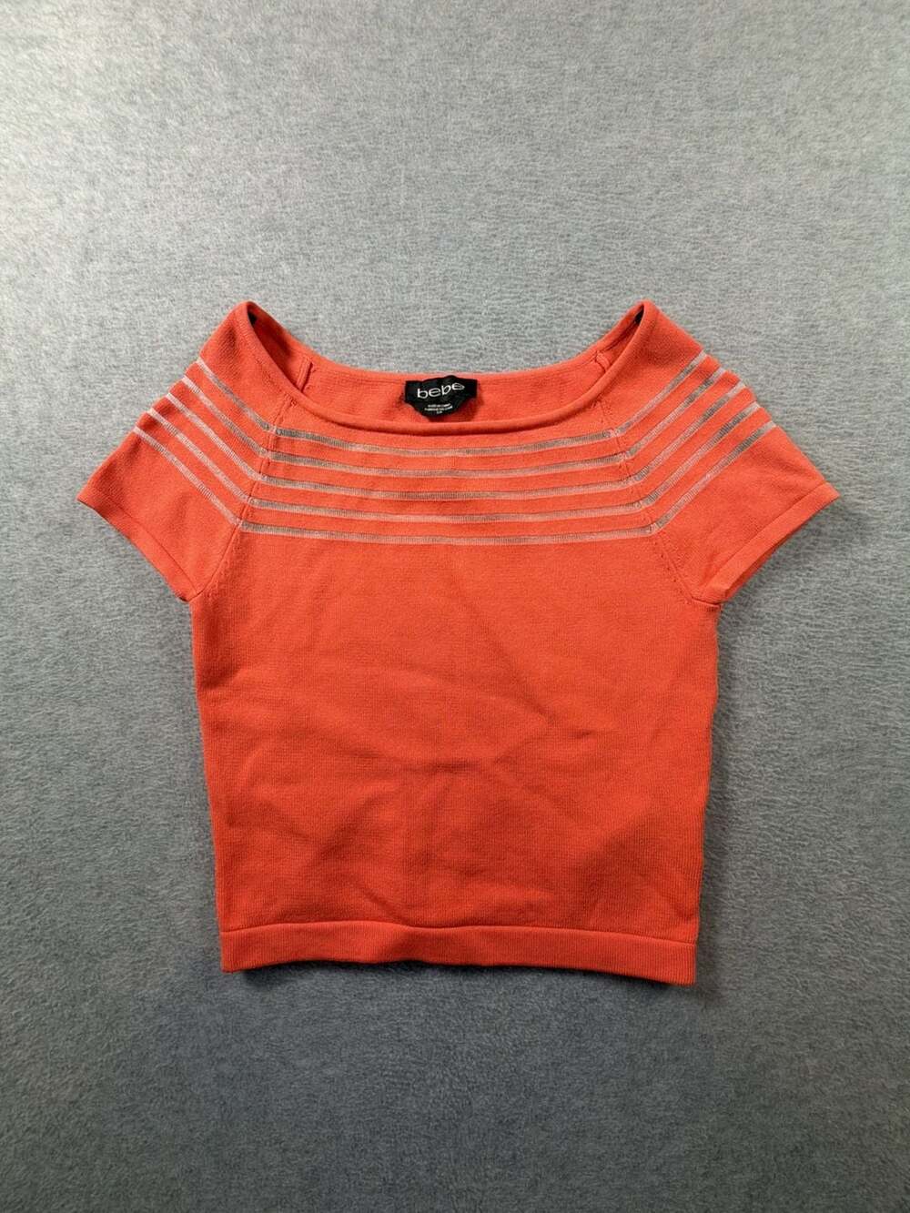 bebe Women's Orange Short Sleeve Knit Top with Sheer Stripe Detailing